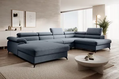 Produktbild von Ecksofa PLAZA U mit 6 einstellbare Kopfstützen, Eckcouch Breite 350 cm in U-Form mit Schlaffunktion und Bettkasten  Soffa, Bettsofa, Couchgarnitur - Whisper 15 Dunkelblau