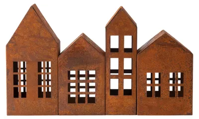 Productafbeelding van Metallische kandelaars in roodbruin met edele roestkleur, set van 4 - 2x 4 kandelaars van 15 cm | 2x 4 kandelaars van 20 cm - Kerststal kaarsenhouders met roestpatina