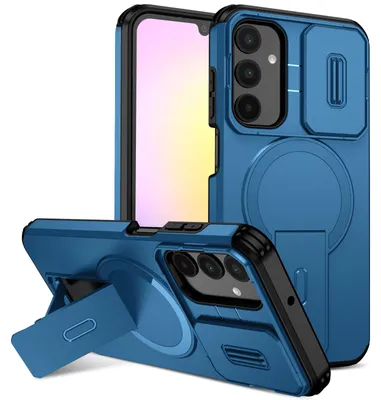 Obrázek produktu pro Magnetické pouzdro pro Samsung Galaxy A25, dvouvrstvé odolné pouzdro s posuvnou ochranou fotoaparátu a nastavitelným stojánkem Modrá