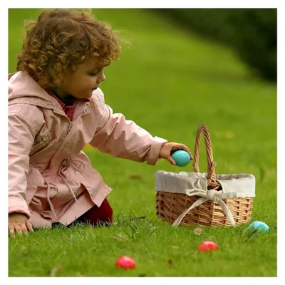 Produktbild von Korb mit Griff, geflochtener Wickerkorb für Ostern, Stoffkorb für Picknick und Camping, praktischer Lebensmittelkorb zum Einkaufen