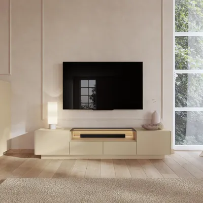 Image de Kakagano - Meuble TV, 203x40x43h cm Marron Clair, 2 Tiroirs
