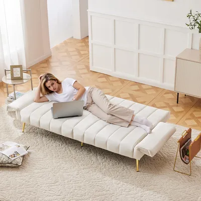 Obrázek produktu pro Abrihome Skládací pohovka Rozkládací pohovka s 5stupňovým nastavením opěradla, funkcí spaní, sametovým potahem, béžová