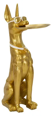 Imagen del producto de Estatuilla decorativa de perro Pit con bandeja, de color dorado, con dimensiones de 30x64x91 cm