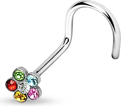 Produktbild von viva-adorno 0,8mm Nasenstecker gebogen Zirkonia Kristall Blume Blüte Strass Nasen Piercing Spirale Stud Nasenring Z328, Mehrfarbig