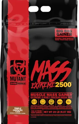 A black bag of protein powder with red and yellow branding.