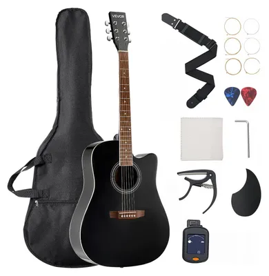 Obrázok produktu pre VEVOR Cutway Akustická gitara, 41 palcov, 6-strunová čierna gitara s masívnou smrekovou vrchnou doskou, balenie pre začiatočníkov s taškou, ladičkou, popruhom, strunami, trsátkami, kapodastrom, palisandrovým hmatníkom, pre dospelých