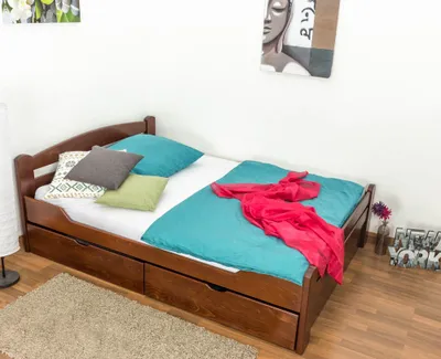 Produktbild von Einzelbett / Funktionsbett "Easy Premium Line" K4, inkl. 2 Schubladen und 1 Abdeckblende, 140 x 200 cm Buche Vollholz massiv dunkelbraun lackiert