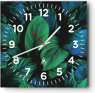 Produktbild von Wanduhr - Quadrat - Glasuhr - Blätter Pflanzen Exotik - 30x30cm - Schleichendes Uhrwerk - Lautlos - zum Aufhängen bereit - Dekoration Modern - Wanddekoration aus Glas - C4AC30x30-5066