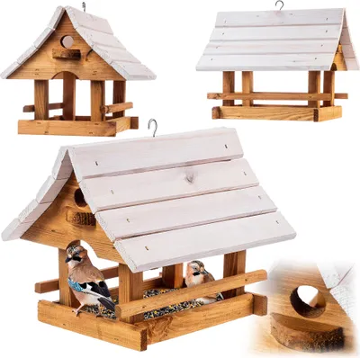 Produktbild von KADAX Vogelhaus zum Aufhängen, Vogelfutterhaus aus Holz, wetterfest Futterhaus für Vögel im Garten & Balkon, Vogelhäuschen, Vogelfutterstation Braun-Weiß