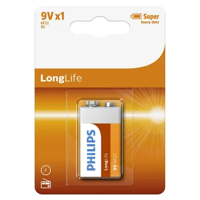 Produktbild von Philips LongLife Akku 6F22L1B/10, Einwegbatterie, Zink-Karbon, 9 V, 26,5 mm, 17,5 mm, 48,5 mm