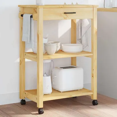 Produktbild von Küchenwagen aus massivem Kiefernholz, 60 x 40 x 88,5 cm, im Vintage-Stil, mit Schublade, 2 Ablagen und 4 Rollen, davon 2 feststellbar