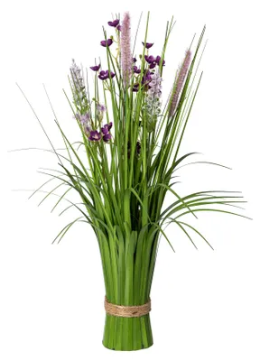 Produktbild von CREATIV green künstlicher Stehgras-Busch mit lila Blüten 48cm, künstlicher Grasbusch als Frühlingsdeko