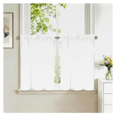 Produktbild von Moderne Scheibengardinen in Weiß, H45xB60cm, 2 Stück, Bistrogardine Kurz, Leinenoptik, Fenstervorhänge im Landhausstil mit Stangendurchzug für Schrankvorhänge im Wohnzimmer
