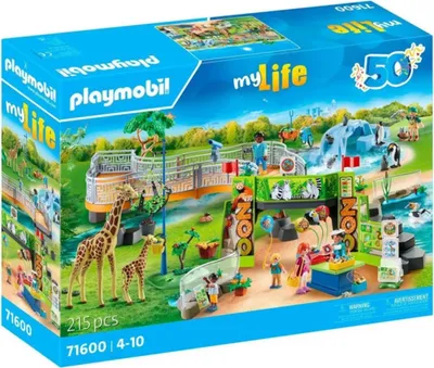 A Playmobil zoo playset is depicted on its packaging, showcasing various animals and play features.
