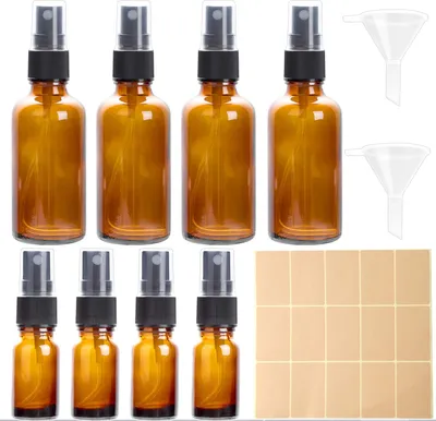 Obrázok produktu pre Sklenené fľaše na rozprašovanie 4x50 ml a 4x10 ml s lievikmi a etiketami