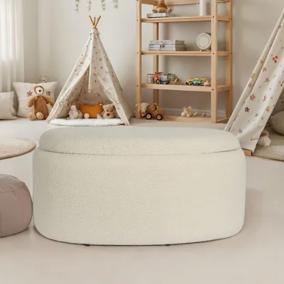 Produktbild von WOHNLING Sitzhocker mit Stauraum Stoff oval 81 cm abnehmbarer Deckel Polsterhocker modern in Creme Aufbewahrungshocker gepolstert für Wohnzimmer