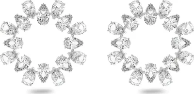 A pair of sparkling diamond earrings arranged in a circular pattern against a white background.