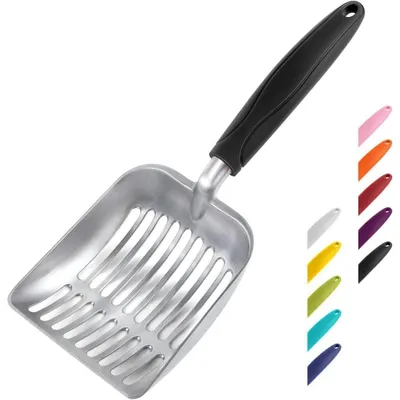 Produktbild von Katzenstreuschaufel Aluminiumlegierung Tiefe Schaufel Langer Griff Kotsieb 28 x 11 cm Flacher Aluminium Schwarzer Griff