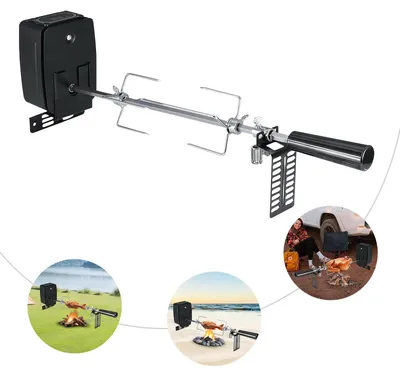 Produktbild von Elektrischer Grillspießhalter - BBQ-Rotisserieset - Edelstahl 304, Drehung 360°, Höhenverstellbar, Für Gas- und Holzkohlegrills bis 78 cm, Batteriebetrieben - Schwarz/Silber