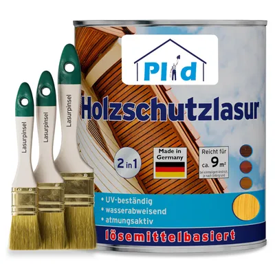 Produktbild von Plid Holzlasur 0,75L Kiefer für ca. 9m² + Lasurpinselset 3-tlg. – Holzschutz für Holzmöbel, Zäune, Türen & Gartenholz / Holzschutzlasur