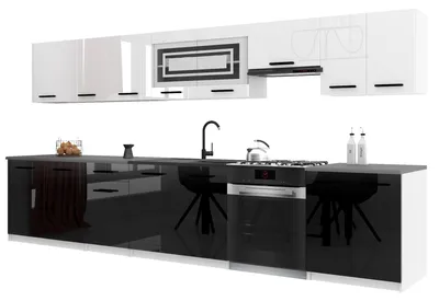 Image de Belini - Coin cuisine moderne ITALIA 3 - Meubles de cuisine 320 cm blanc-noir - Cuisine équipée avec éléments hauts, éléments bas et plans de travail