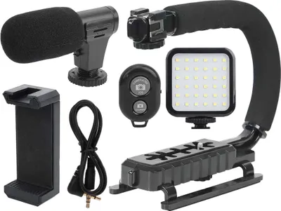 Produktbild von Verk 27335: Set für die Videoproduktion – Stativ, Mikrofon und Smartphone-Halterung