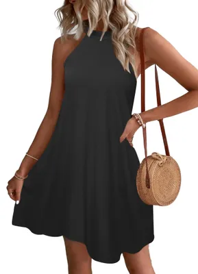 Produktbild von Halter Neck Ärmelloses Damen Sommerkleid mit Taschen - A-Linie Strandkleid für Partys