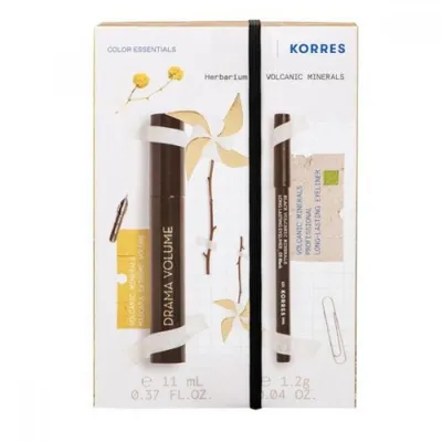 Zdjęcie produktu dla Korres Set Drama Volume No. 1 Czarny tusz do rzęs Extreme Volume 11 ml i Volcanic Minerals Długotrwały eyeliner No. 1 czarny długopis
