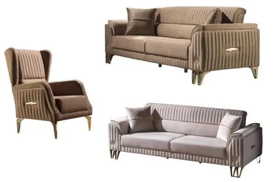 Produktbild von Villa Möbel Sofa Set Flavia Hellbraun-Creme Stellvariante:3+3+1 Relax- und Bettfunktion, pflegeleichter Mikrofaser Samtstoff