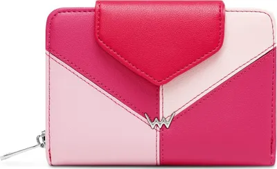A pink and red color-blocked wallet with a silver logo.