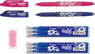 Produktbild von Pilot Frixion Ball blau und pink + 6 Ersatzminen blau und gratis Radierer pink