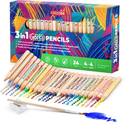 Produktbild von colozoo Gecko Wood 3 In 1 Buntstifte Kleinkinder Set | 24 Dicke Malstifte Set inklusive Pinsel und Anspitzer | Ungiftige und Vegane Stifte für Kinder ab 3 Jahren