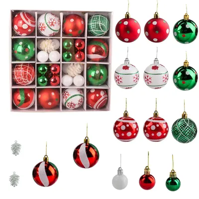 Weihnachtskugeln, 42er Set, Kunststoff, rot-grün-weiß, 6/3 cm