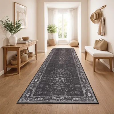 Produktbild von Vintage Boho moderner Wohnzimmerteppich Kurzflor waschbar rutschfest Anthrazit Grösse 80x150 cm