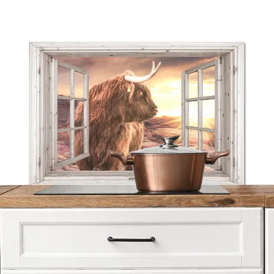 Produktbild von KitchenYeah®  Spritzschutz Küche - Küchenrückwand - Wandschutz für Herd und Spüle - Schottisches Hochlandrind - Aussicht - Sonnenuntergang 80x55 - Alu-Dibond (Alternative zum Spritzschutz aus Glas) -