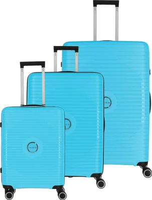 Three turquoise suitcases of varying sizes are arranged diagonally on a white background.