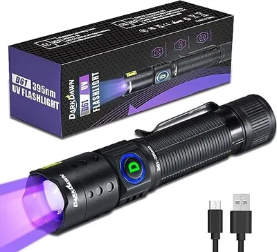 Produktbild von DARKDAWN UV Taschenlampe 395 nm Schwarzlicht, Mini-USB Wiederaufladbar, Woodsche LED Schwarzlicht Holzlampe, Leistungsstarker tragbarer Detektor für