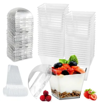 Produktbild von 50 Stück Dessertbecher mit Deckel und Löffeln 120ml/4oz wiederverwendbare Plastikbecher quadratisch klar für Mousse Pudding DIY Desserts