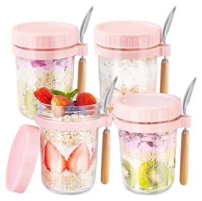 Produktbild von Haferbehälter mit Deckel und Löffeln, 473 ml, rosa Einmachgläser für Haferflocken, Glas, Mahlzeiten-Vorbereitungsgläser mit Deckel für Haferflocken...