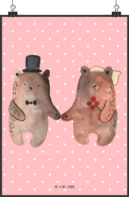 Produktbild von Mr. & Mrs. Panda Bild Bär Heirat DIN A2 - Rot Pastell - Geschenk, wanddeko, Wandbild, Kunstdruck, Plakat, Teddy, drucke