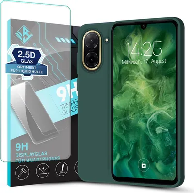 A smartphone case and screen protector are displayed next to each other.