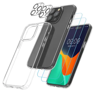 Produktbild von kwmobile 5in1 Set Handyhülle kompatibel mit Apple iPhone 14 Pro Max Hülle - 1x stoßsichere Schutzhülle 2x Schutzglas Display 2x Kamerschutz Glas -