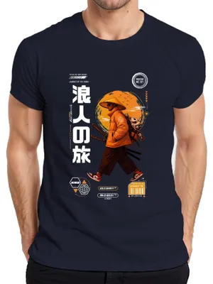 Zdjęcie produktu dla Cyberpunkowy koszulka męska w stylu Ronin, samuraj, streetwear, Japonia, katana, styl Y2K, shinobi, kolor granatowy, rozmiar M
