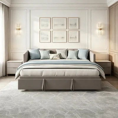 Zdjęcie produktu dla Łóżko tapicerowane INONEFT, rozkładane na sofę, 90x200 cm, z możliwością rozłożenia na łóżko 180x200 cm, łóżko do salonu z materacem sprężynowym i podłokietnikami, łóżko młodzieżowe, obite welurem, kolor: szary