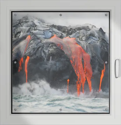 Produktbild von Wallario Lichtschutzbild, Dekorativer Sichtschutz Sonnenschutz 96 x 93 cm mit Motiv: Lavastrom ins Meer - Verdunklung ohne Bohren