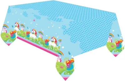 A rectangular tablecloth with a blue background and a colorful unicorn and rainbow pattern along the sides.