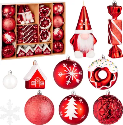 Immagine prodotto di BRUBAKER 64 pezzi di decorazioni per l'albero di Natale - decorazioni natalizie con ciambelle, casette, fiocchi di neve, baubles e dolcetti - Decorazioni per l'albero - Natale, Rosso Bianco