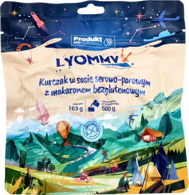 Zdjęcie produktu dla Żywność liofilizowana Lyommy Kurczak w sosie serowo-porowym z makaronem bezglutenowym 500 g