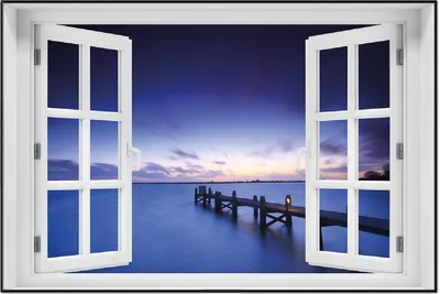 Produktbild von Wallario Wandbild mit Fenster-Illusion: Steg bei Abenddämmerung - Blauer Himmel bei Nacht, Größe: 61 x 91,5 cm, Poster mit schwarzem Aluminiumrahmen