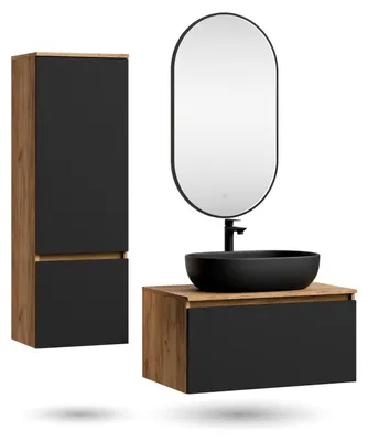 Produktbild von ARISA Badmöbel Set inkl. Hochschrank in Schwarz - mit "Glora" LED Spiegel und schwarzem Keramik-Aufsatzwaschbecken 60 cm